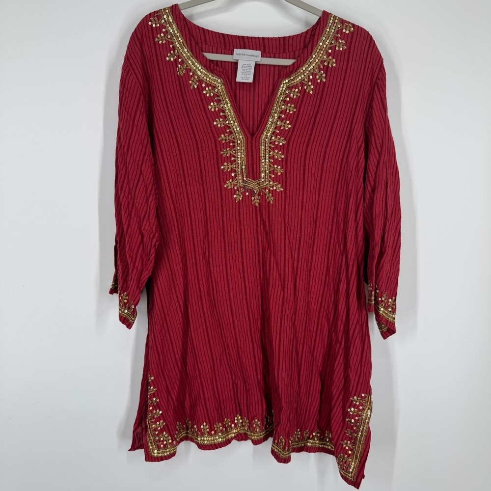 Soft Surroundings Red/Gold Sequins Embellished V-Neck Tunic Women's Size 2X